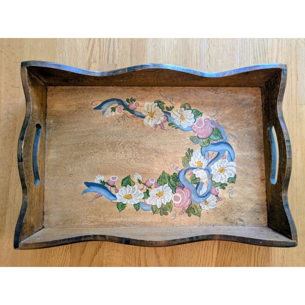 Vintage 80s Hand Painted Floral Wood Serving Tray Handles Art Cottagecore 11x17"